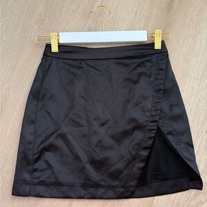 superdown x REVOLVE Women’s Black Satin Mini Skirt with Asymmetric Mesh Detail